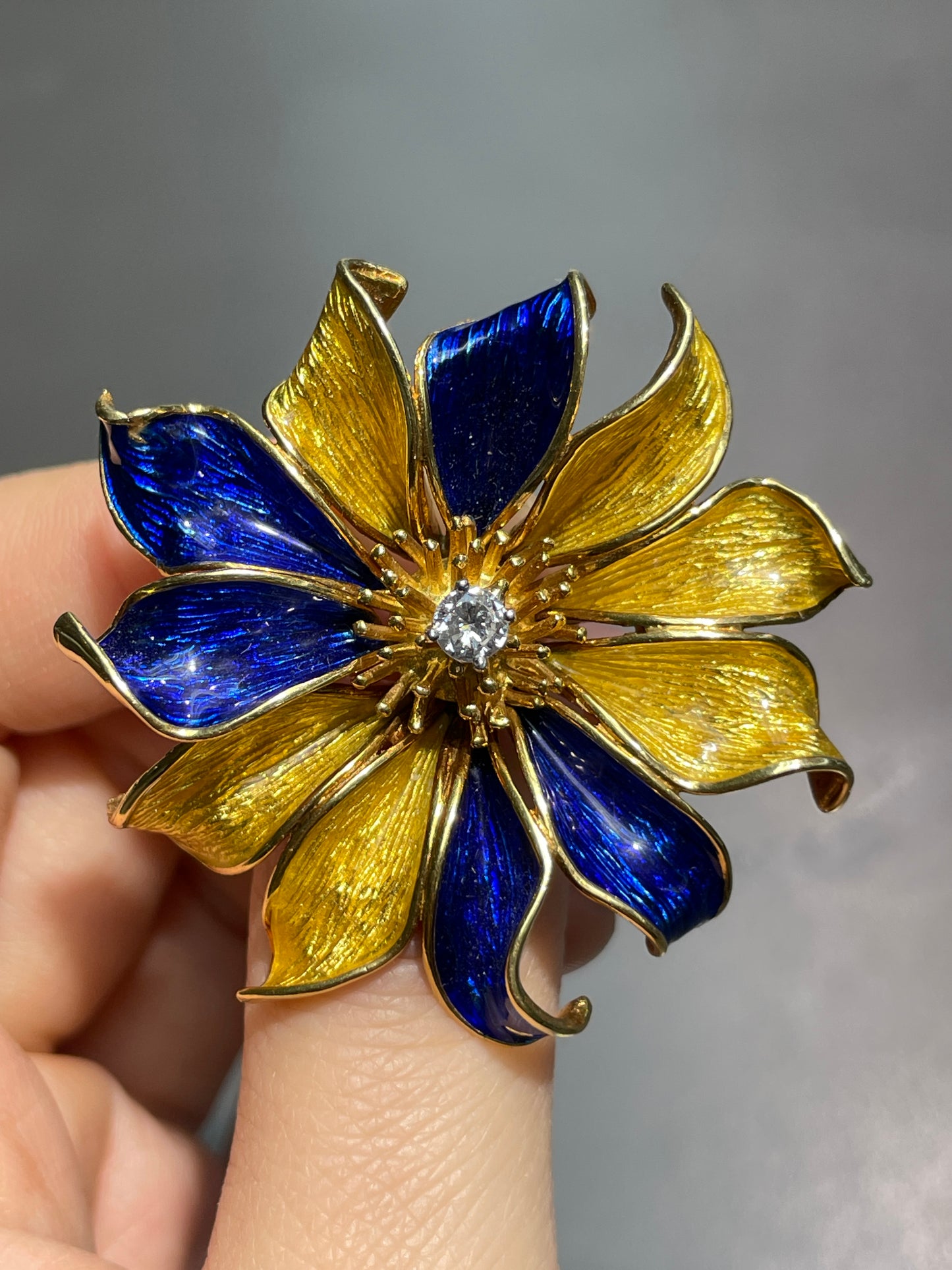 Tiffany & Co. 18K Gold Enamel Diamond Flower Brooch