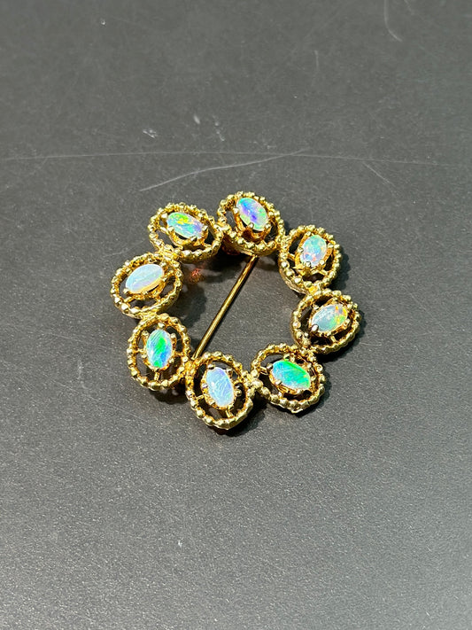 复古 14K 金蛋白石圆形胸针
