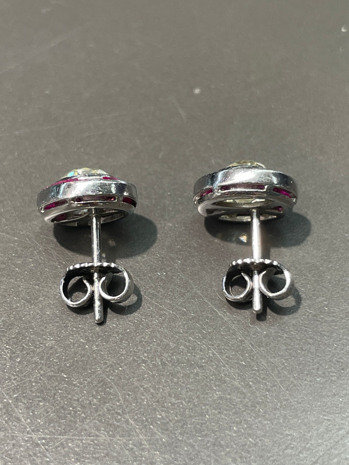 Vintage Platinum 1.75 CTW Old Mine Cut Diamond Ruby Target Stud Earring