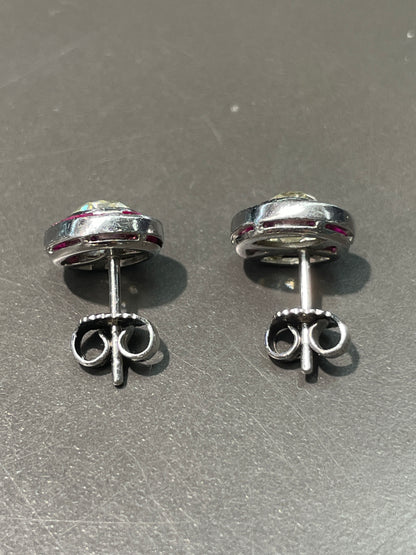 Vintage Platinum 1.75 CTW Old Mine Cut Diamond Ruby Target Stud Earring