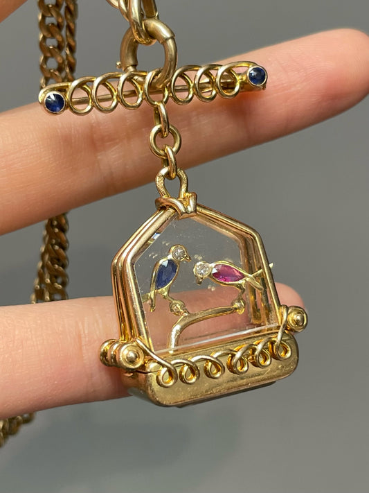 Vintage UTI 18K Gold French Ruby Sapphire Bird Cage Pocket Watch Pendant