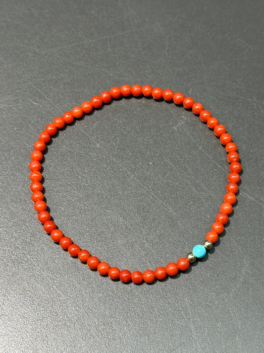 14K Gold Sardine Coral Turquoise Bead Bracelet