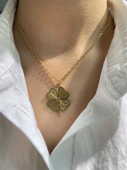 Vintage 14K Gold Large Engine Turn Clover Charm