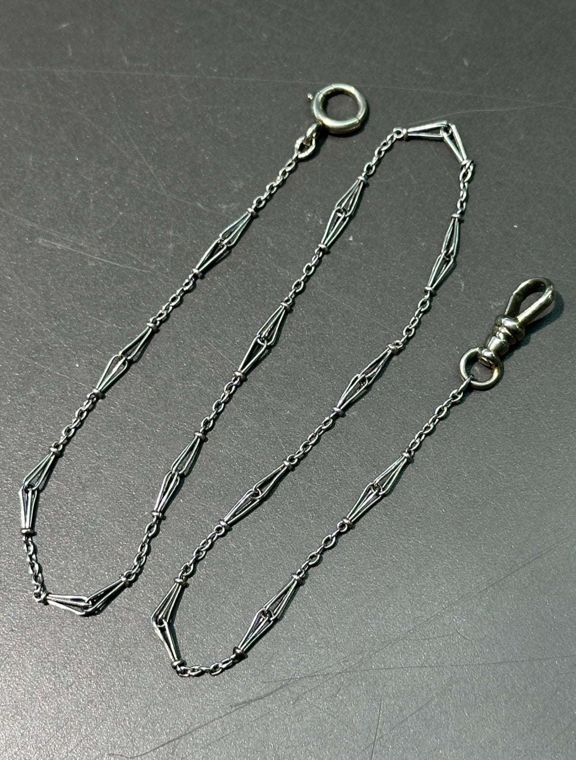 Art Deco 14K White Gold Motif Watch Chain Necklace 14 inch