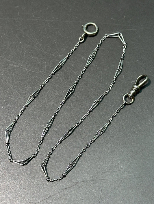 Art Deco 14K White Gold Motif Watch Chain Necklace 14 inch