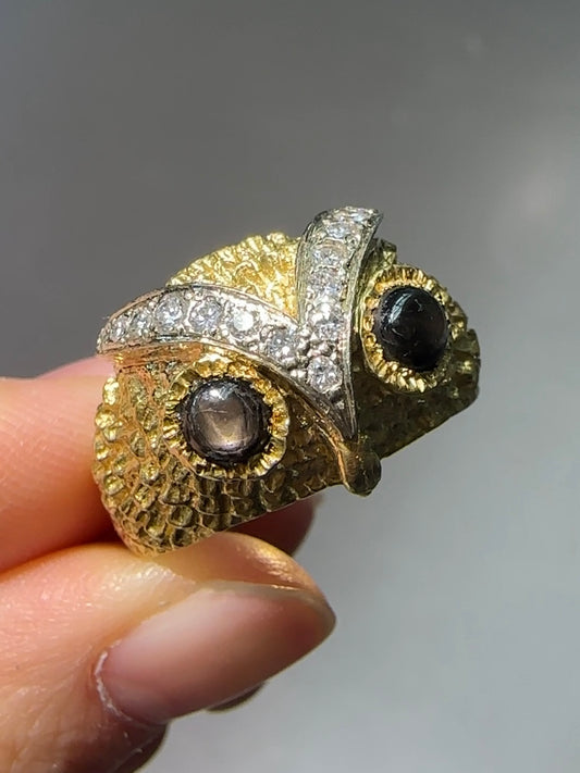 Vintage 18K Yellow Gold Cat’s Eye 0.35 CTW Diamond Owl Ring