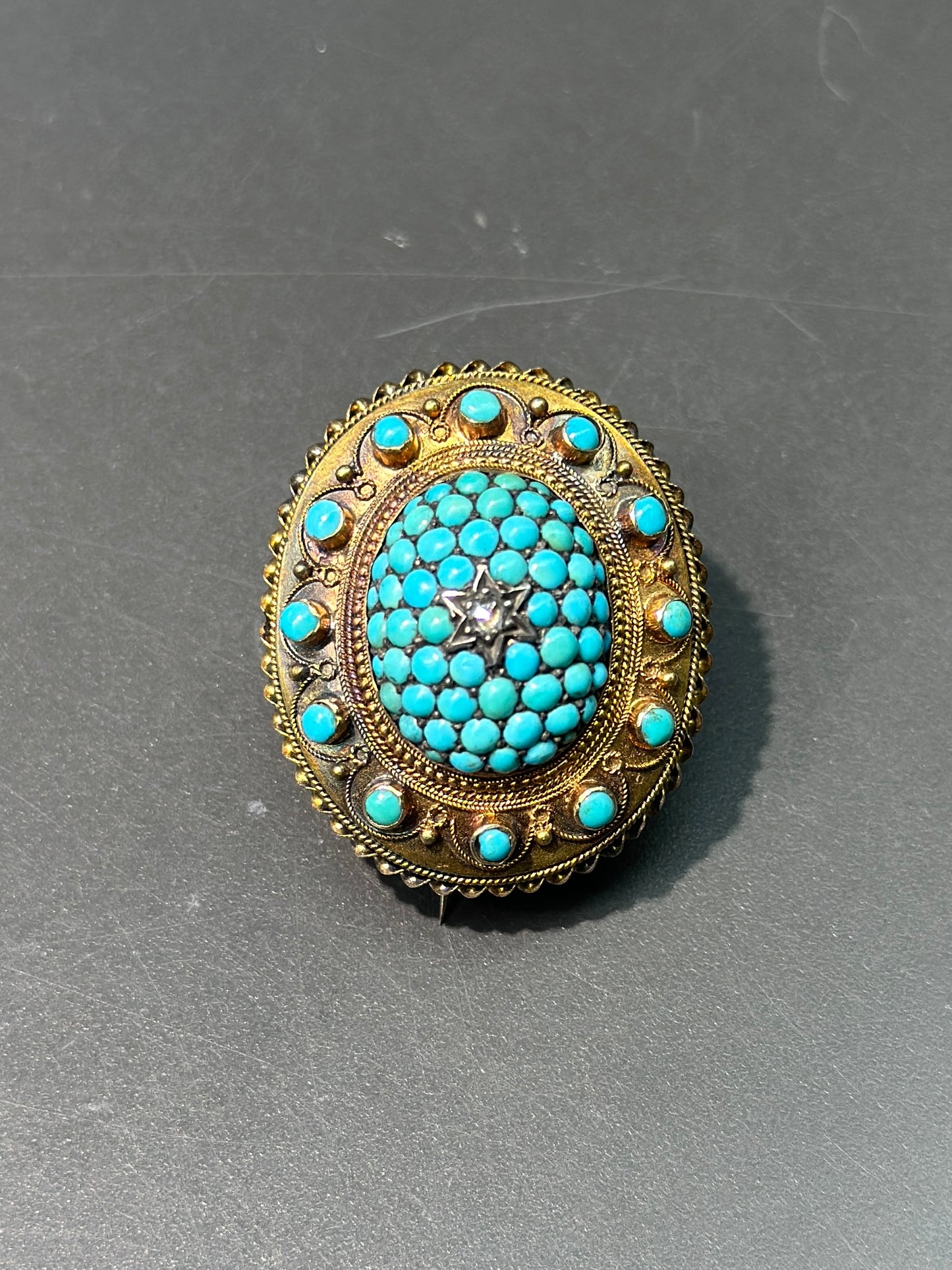 Victorian 14K Gold Turquoise Diamond Brooch