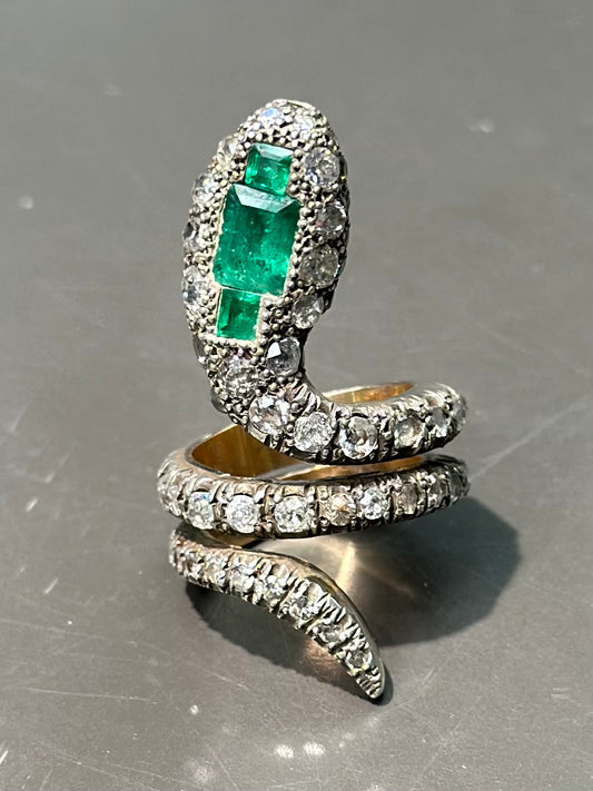 Victorian 15K Gold Diamond Emerald Snake Ring SZ 6.5