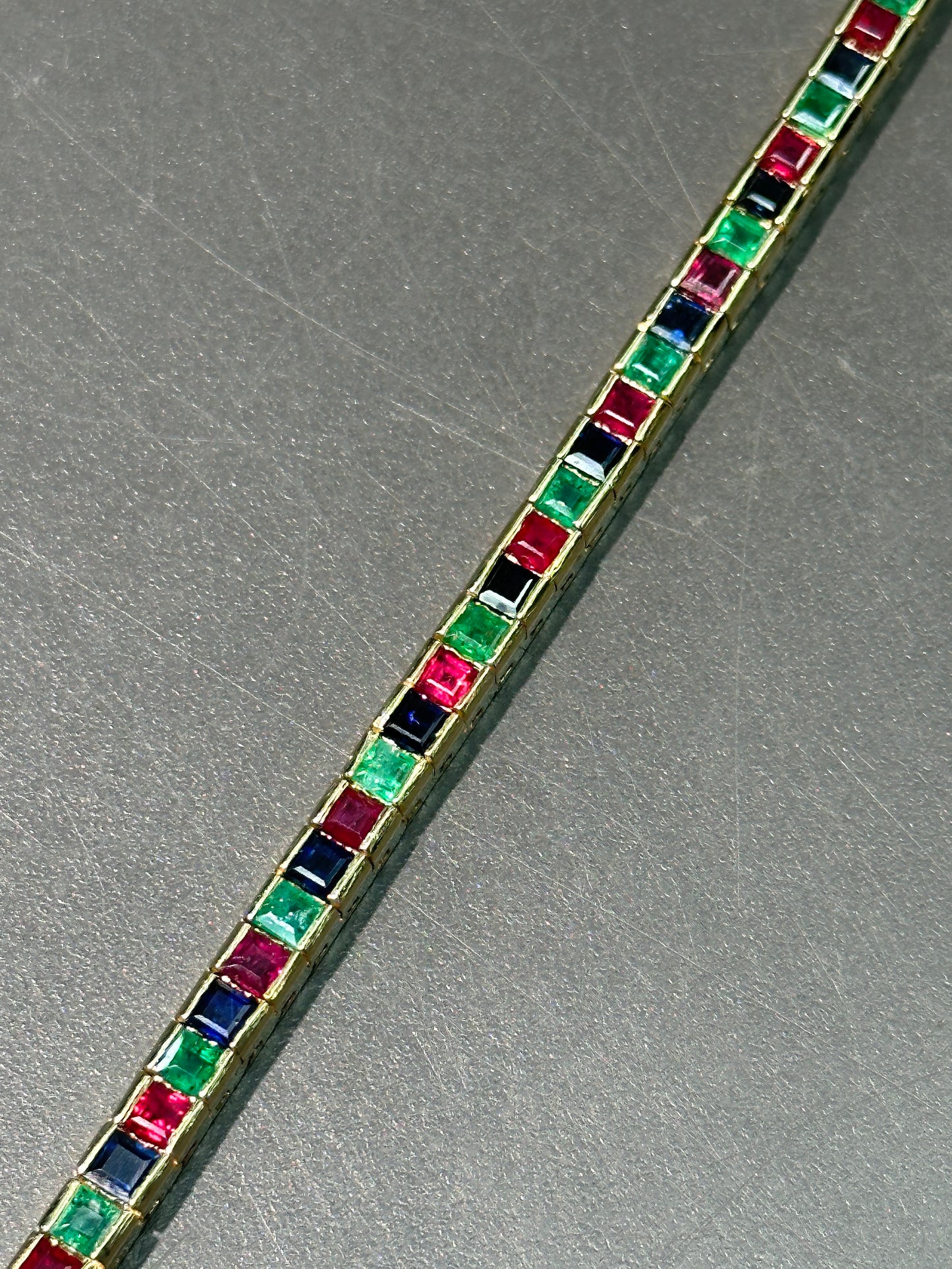 14K Yellow Gold Princess Cut Emerald Ruby Sapphire Tennis Bracelet