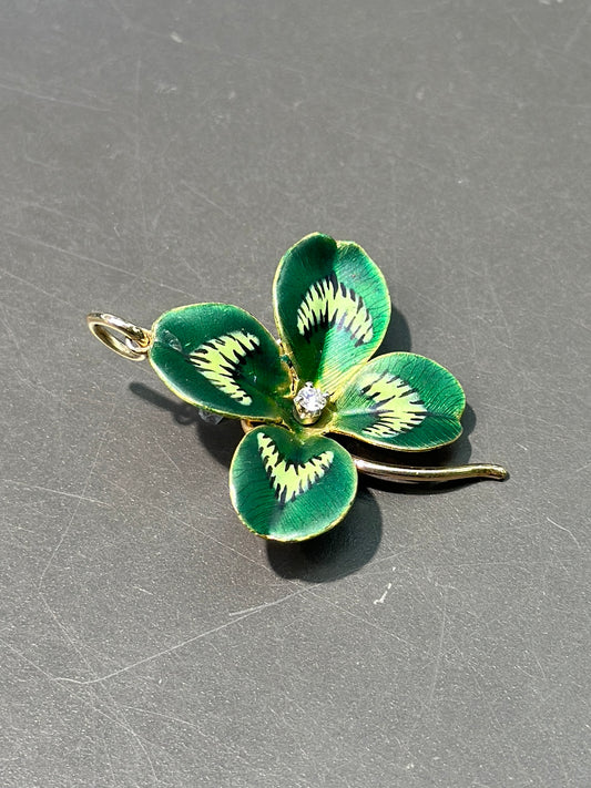 Art Nouveau 14K Gold Green Enamel Clover Pendant Charm