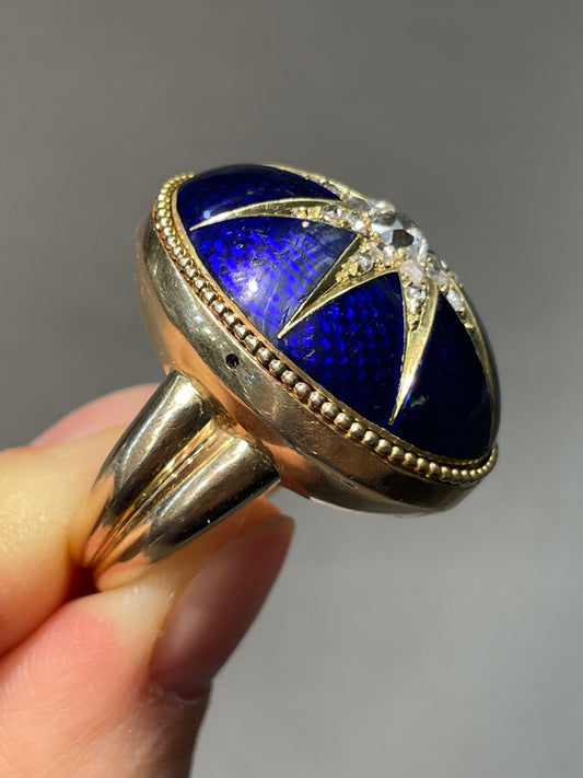 Victorian 14K Yellow Gold 0.95 CTW Diamond Blue Guilloche Enamel Starburst Ring