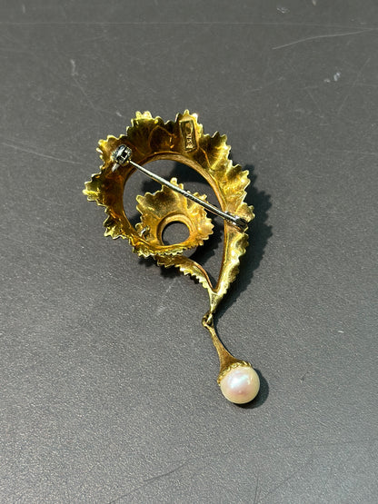 复古 18K 金珐琅漩涡珍珠胸针