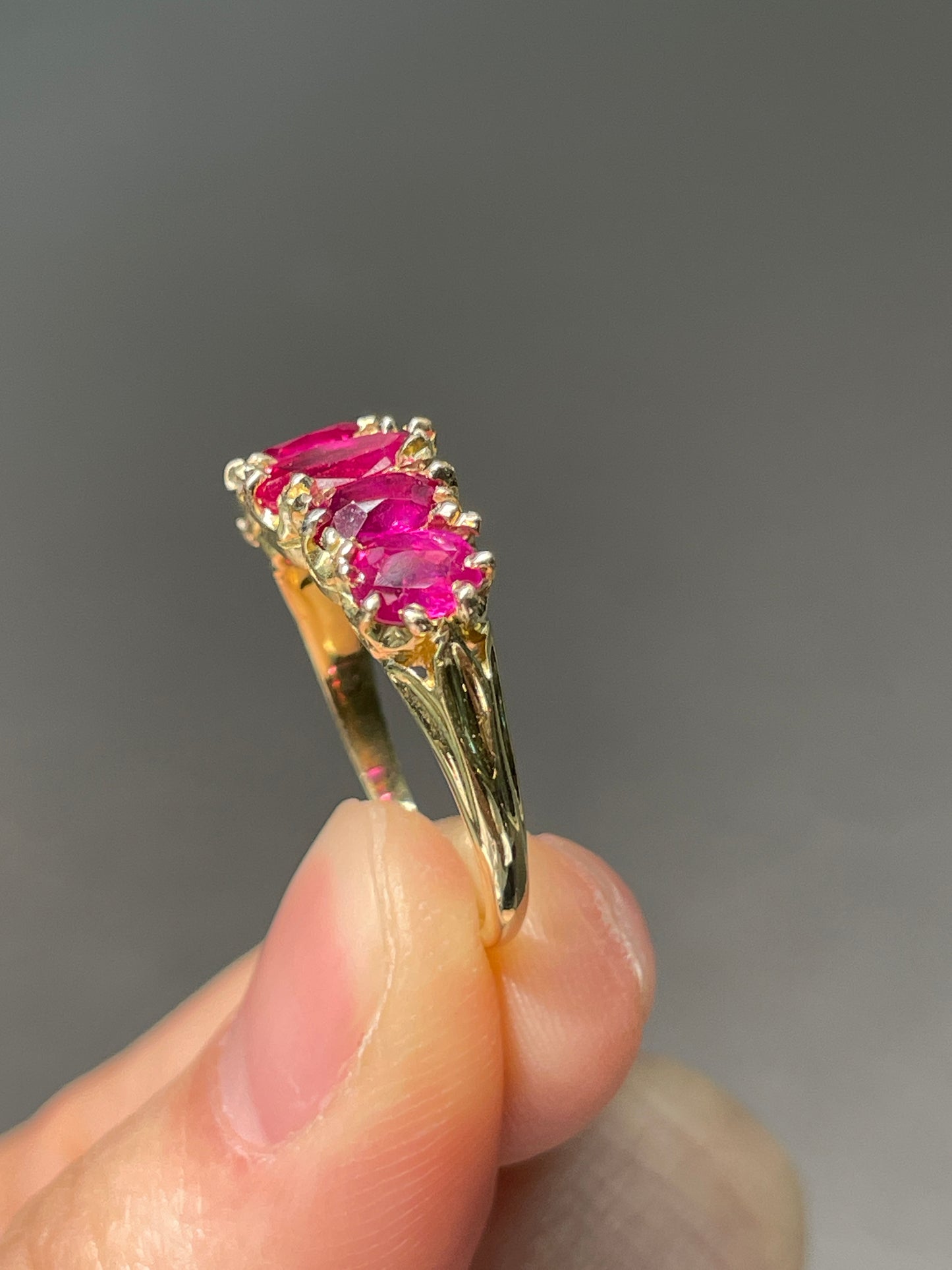 Antique 18K Gold 2.59 CTW Burma Five Stone Ruby Ring GIA