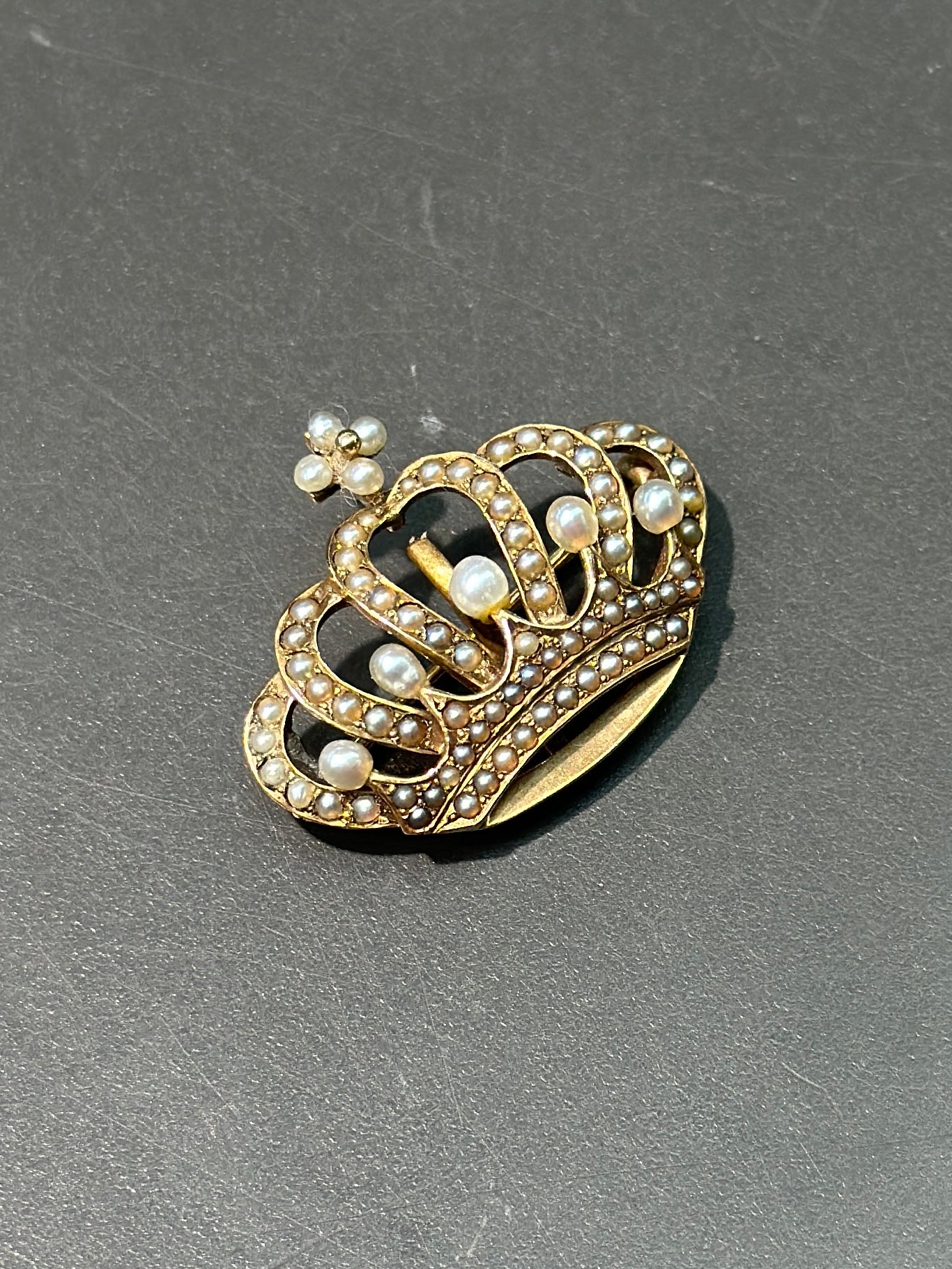 Antique 14K Gold Seed Pearl Crown Brooch