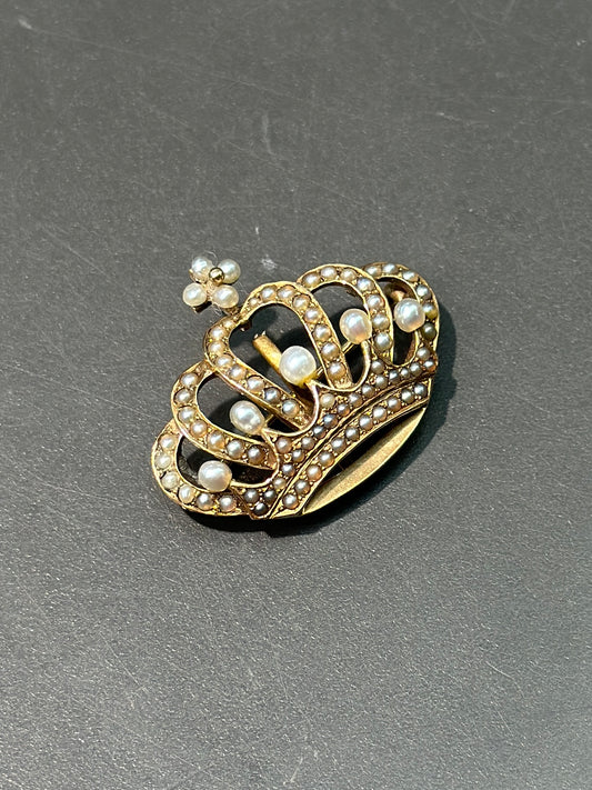 Broche antique de couronne de perle de graine d’or 14K