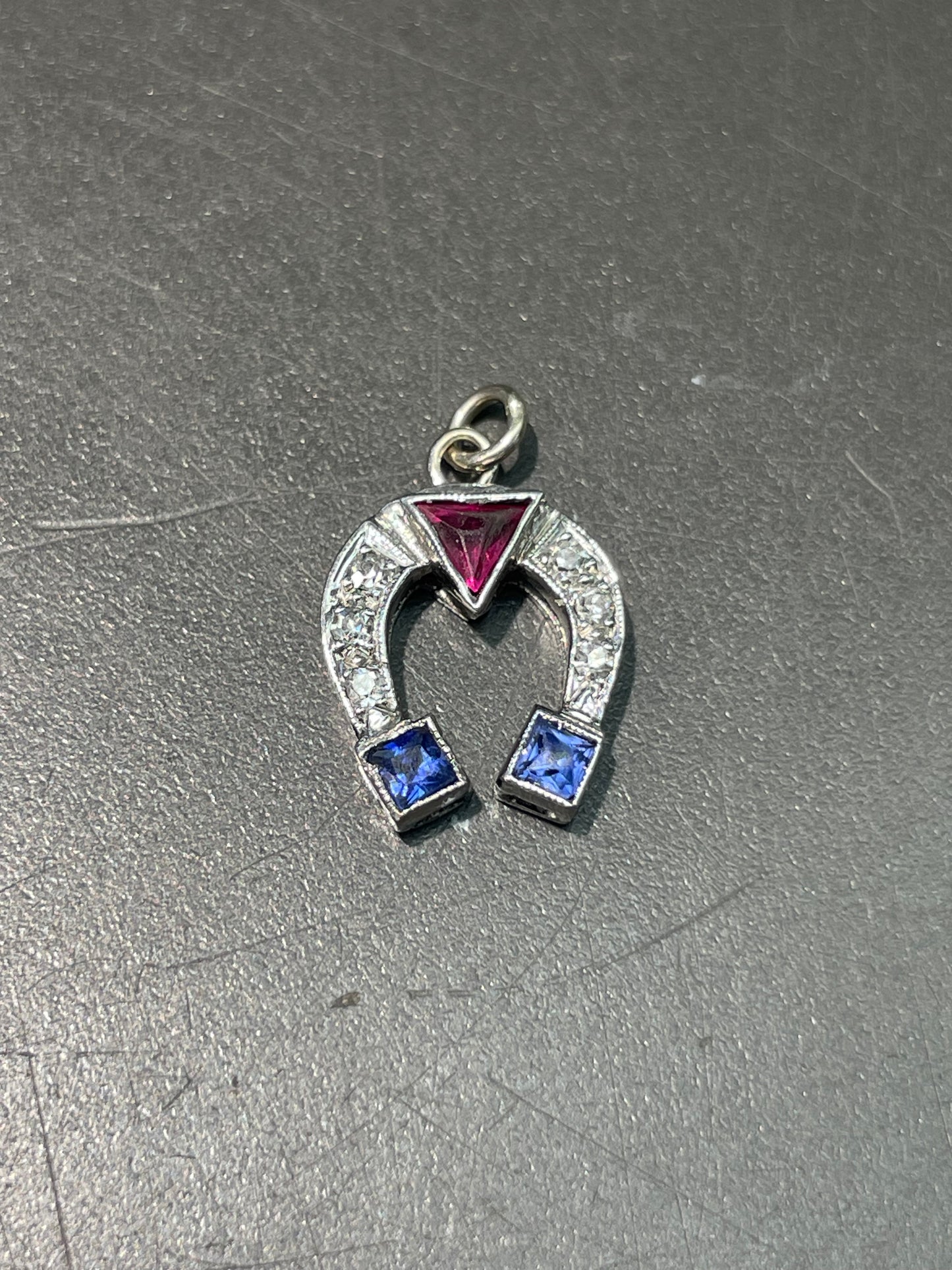 Art Deco Platinum Ruby Sapphire Diamond Horseshoe Charm