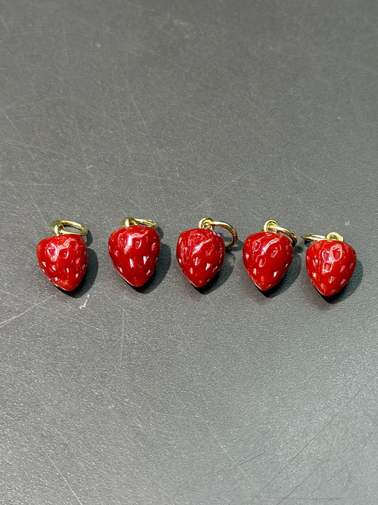 18K Gold Coral Carved Strawberry Charm