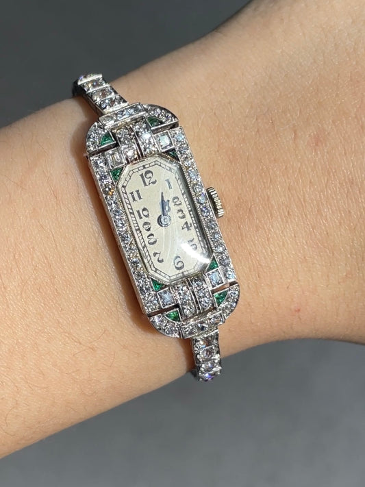 Art Deco Platinum Diamond Emerald Watch Bracelet