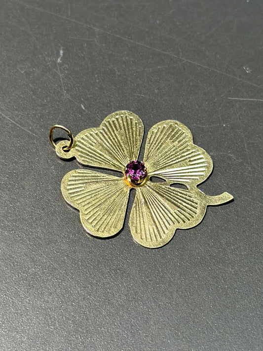 Vintage 14K Gold Tourmaline Engine Turned Lucky Clover Charm