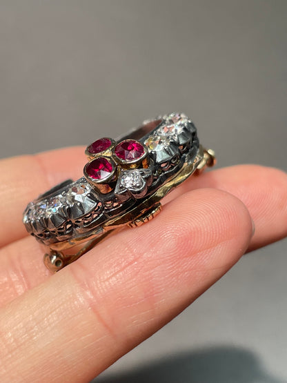Antique Silver Topped 14K Yellow Gold 2.25 CTW Diamond Ruby Crescent Brooch