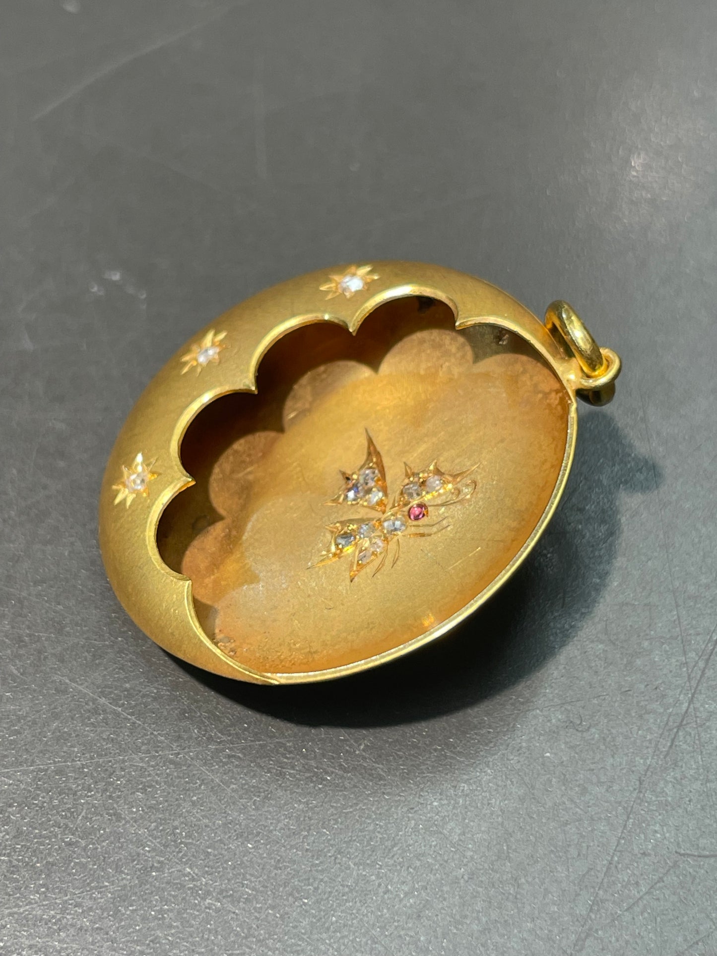古董 14K 金钻石蝴蝶新月吊坠