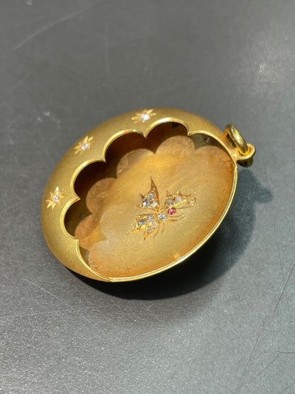 古董 14K 金钻石蝴蝶新月吊坠