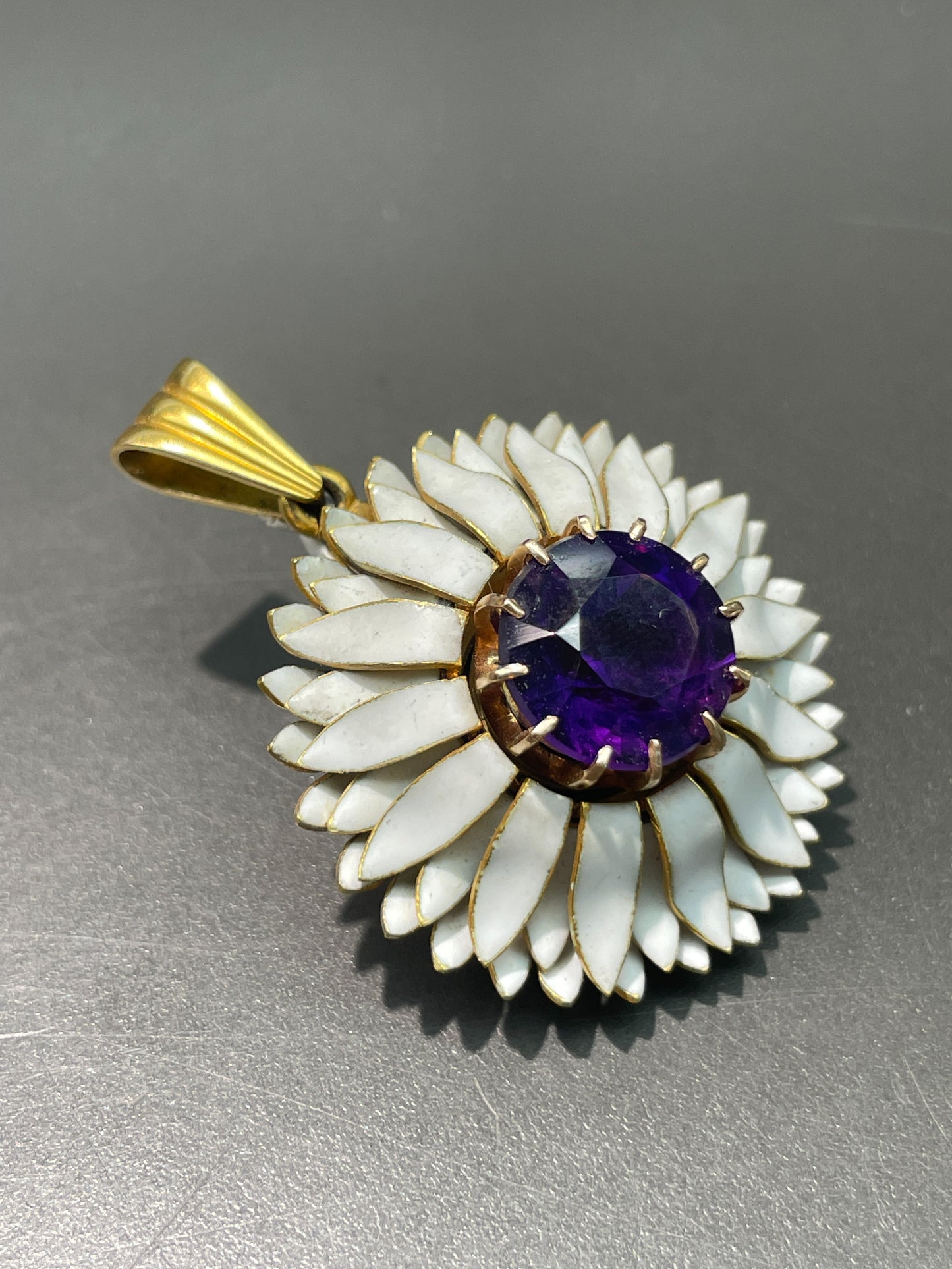 Victorian 18K Gold Amethyst White Enamel Flower Pendant