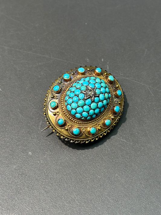 Victorian 14K Gold Turquoise Diamond Brooch