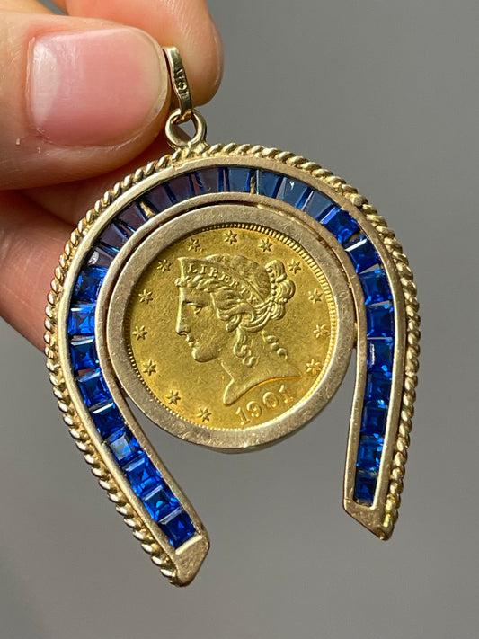 Vintage 18K Yellow Gold Sapphire Horse Shoe 1901 Liberty Coin Pendant