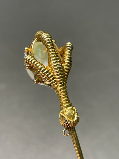 Antique Victorian 14K Yellow Gold Large Opal Eagle Claw Stick Pin