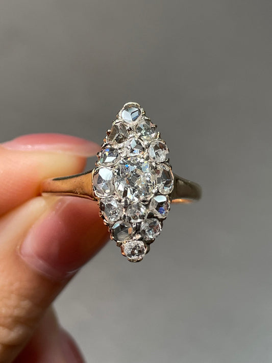 Antique Edwardian 14K Yellow Gold Diamond Navette Cluster Ring
