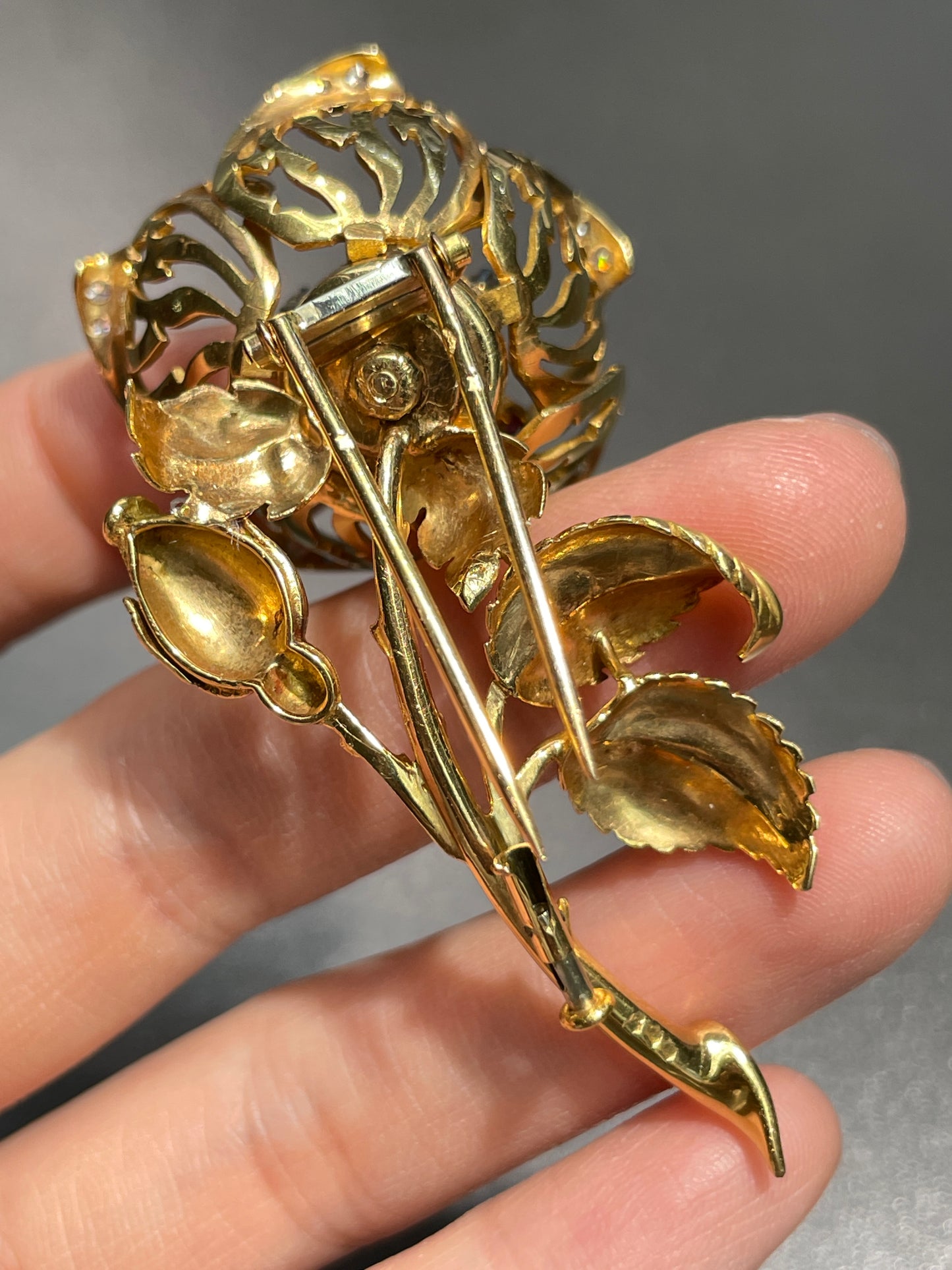 French 18K Gold Ruby Diamond En Tremblant Flower Brooch