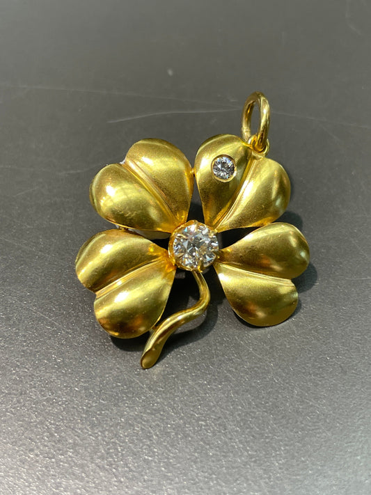 Antique 18K Gold 0.61 CTW Diamond Shamrock Clover Pendant