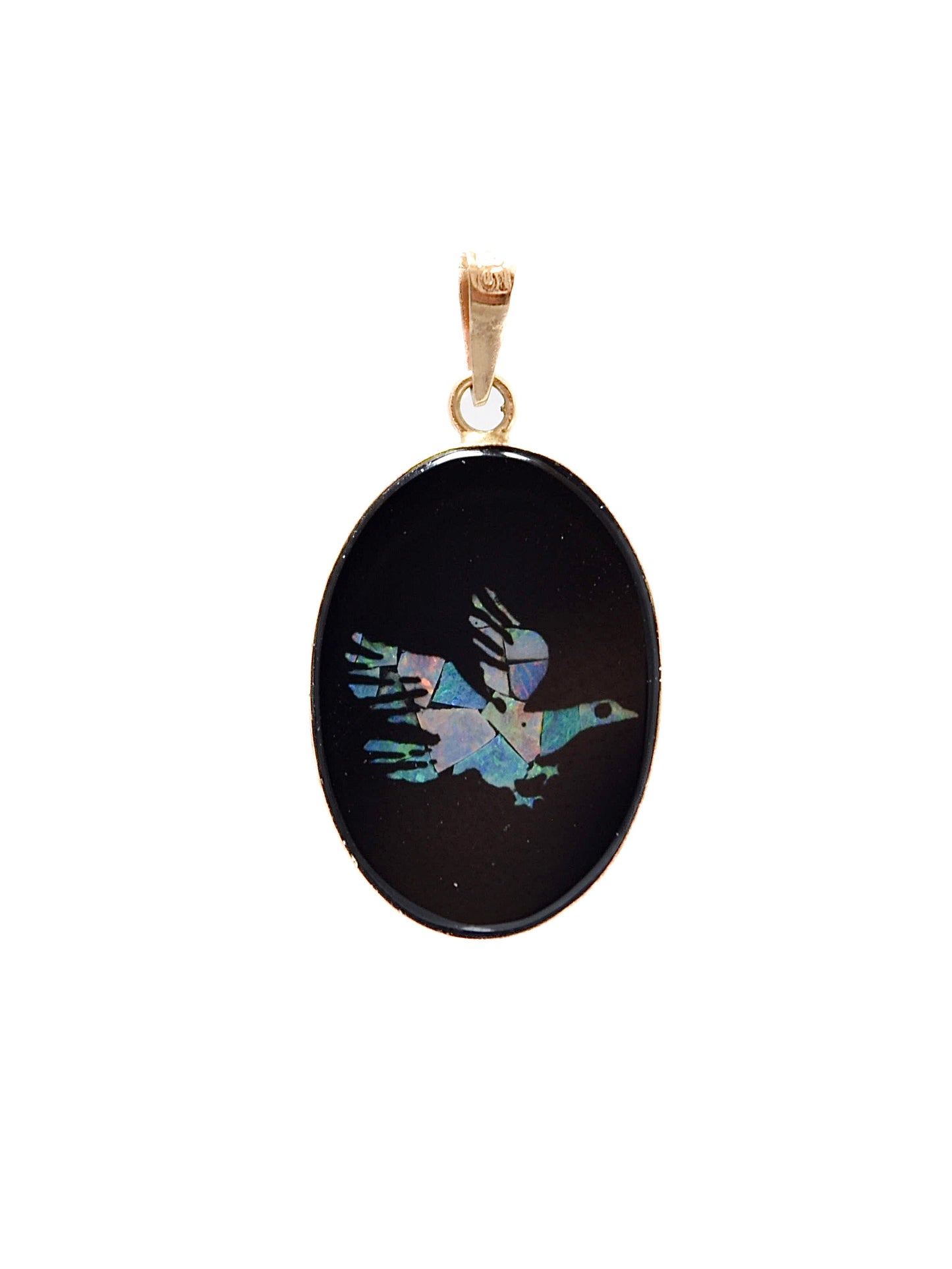 Vintage 14K Gold Onyx Opal Bird Inlay Pendant