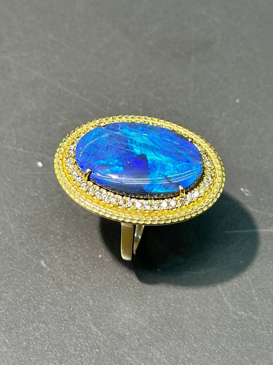 18K 金天然黑蛋白石钻石戒指