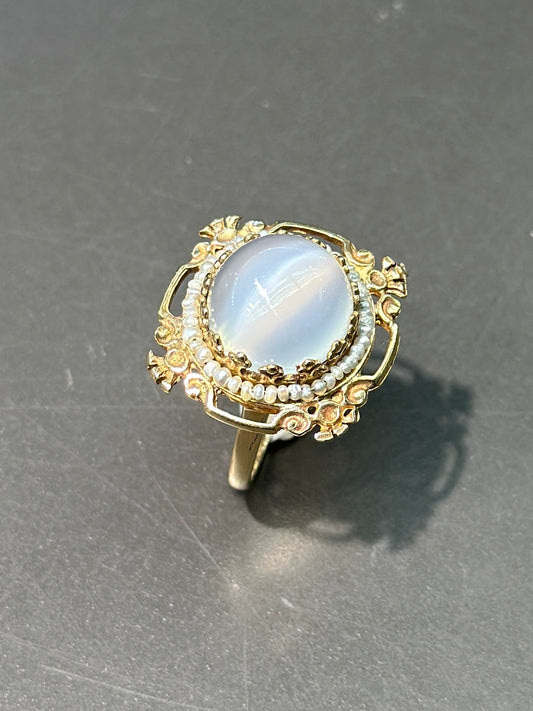 Bague victorienne en or 14 carats avec perles et pierre de lune