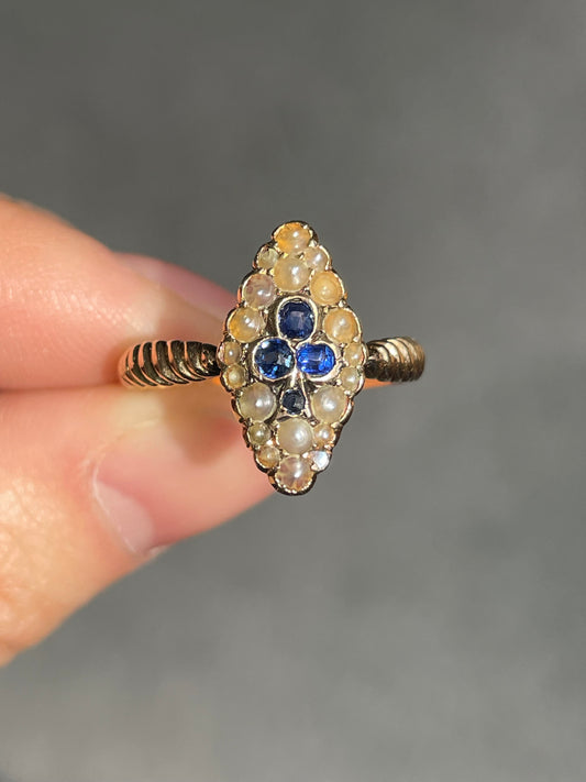 古董 14K 金蓝宝石种子珍珠三叶草戒指 尺寸 7