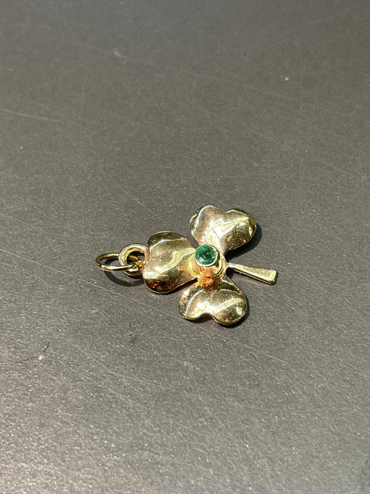 复古 14K 黄金天然绿宝石三叶草吊坠