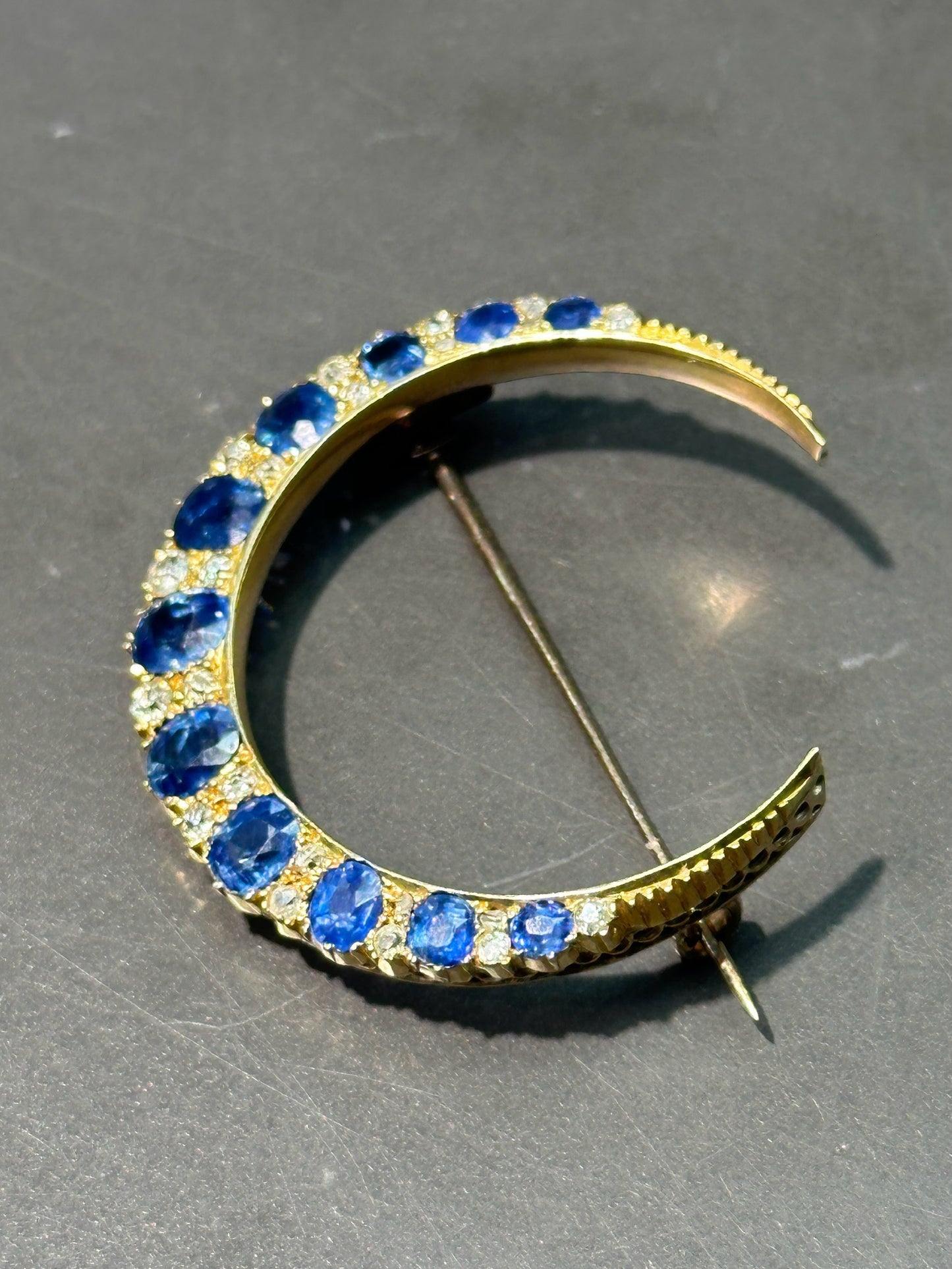 Antique 14K Gold Natural Unheated Sapphire Diamond Crescent Brooch