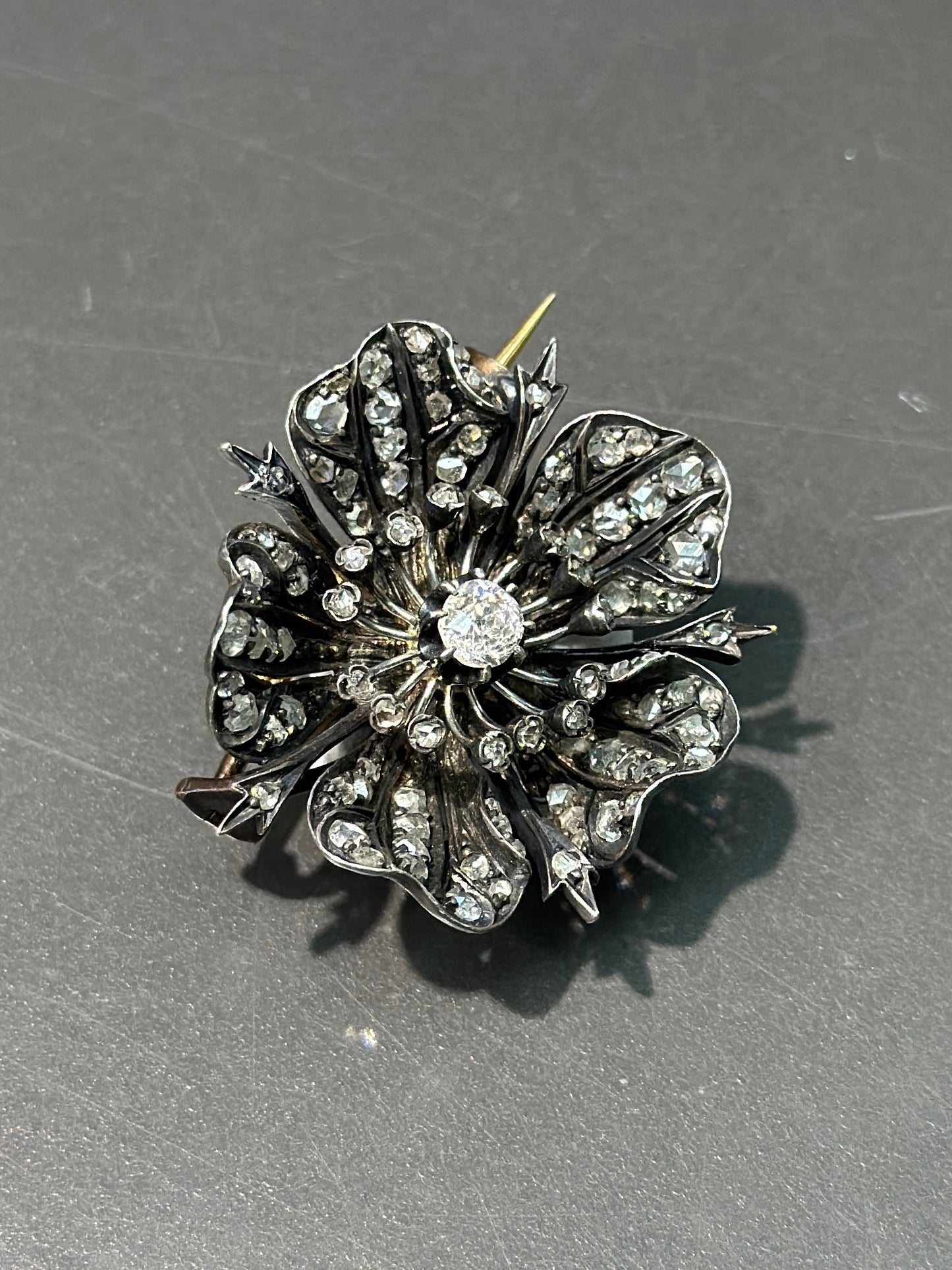 French Victorian Silver and 18K Gold Diamond Flower Brooch