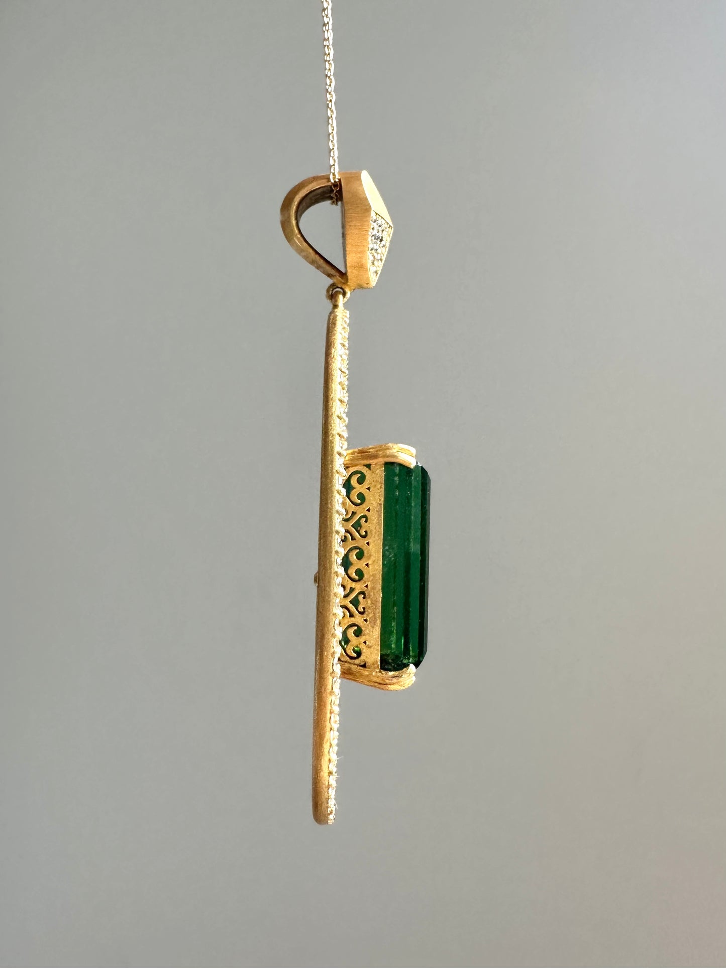 18K Gold Elongated Green Tourmaline Diamond Pendant