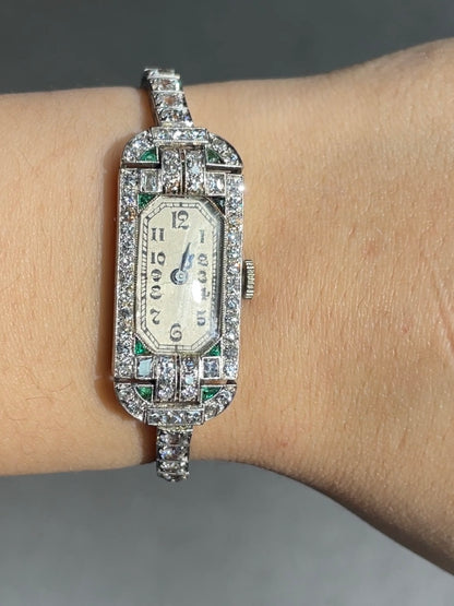 Art Deco Platinum Diamond Emerald Watch Bracelet