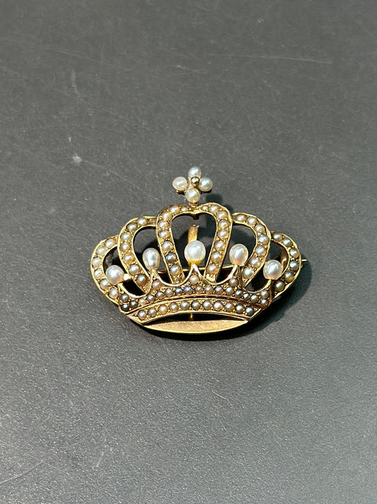 Antique 14K Gold Seed Pearl Crown Brooch