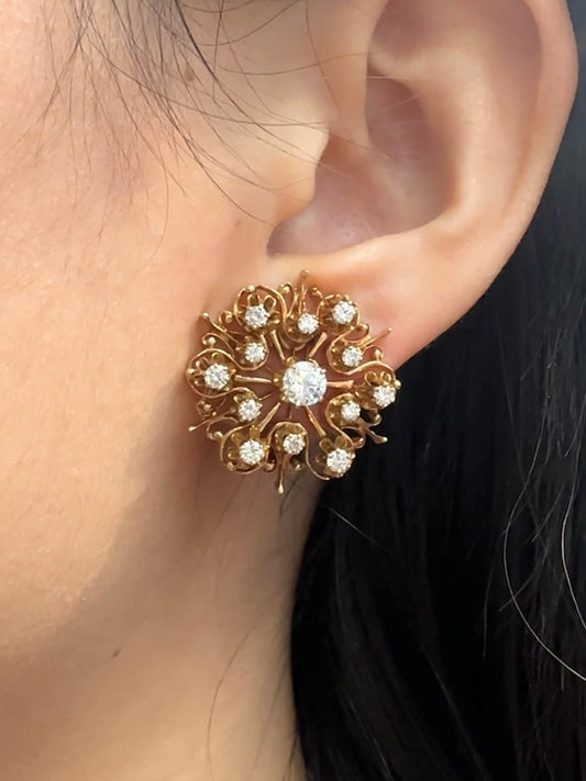 Victorian Style 14K Gold 1.90 CTW Diamond Cluster Earring