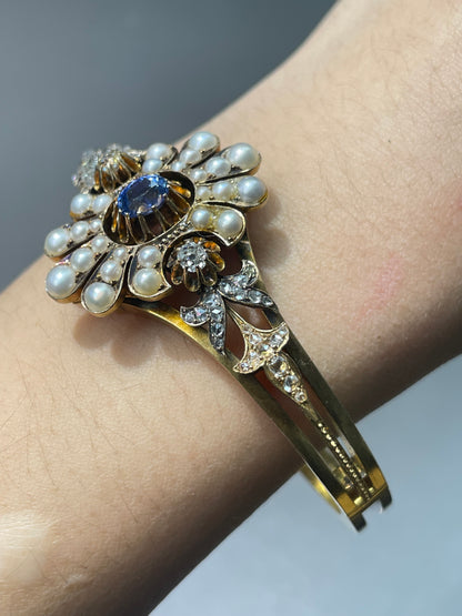 Bracelet antique en or 14 carats avec diamants saphir et perles naturelles antiques