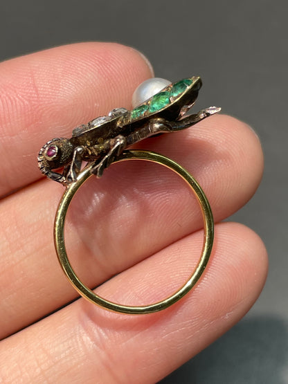 Antique 14K Yellow Gold Emerald Ruby Diamond Bug Ring