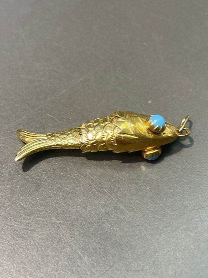 Vintage 18K Yellow Gold Medium Turquoise Articulated Fish Pendant Charm