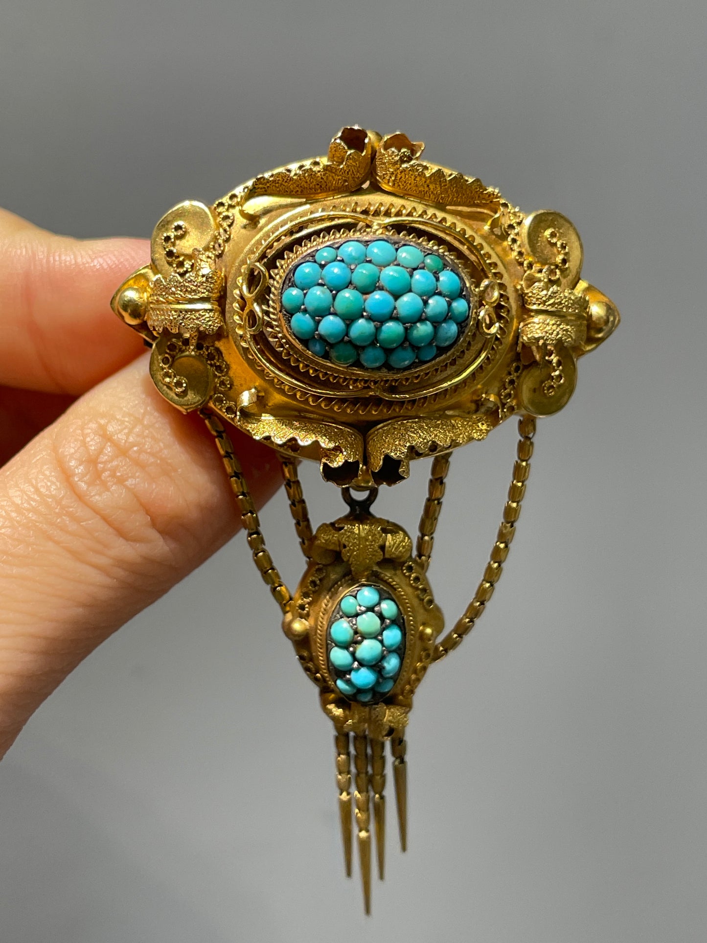 Victorian Etruscan 14K Gold Turquoise Fringe Brooch