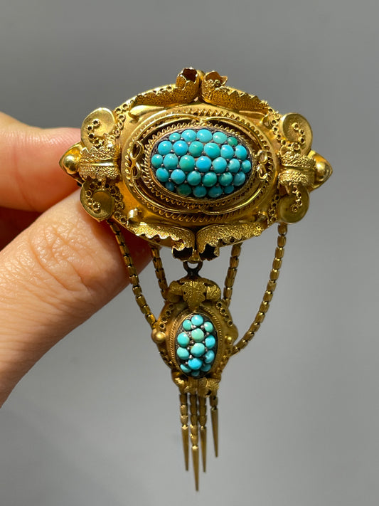 Victorian Etruscan 14K Gold Turquoise Fringe Brooch