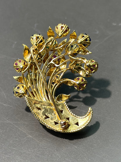 复古 18K 金蒂芙尼金红宝石、绿宝石和蓝宝石 Tremblant 花胸针